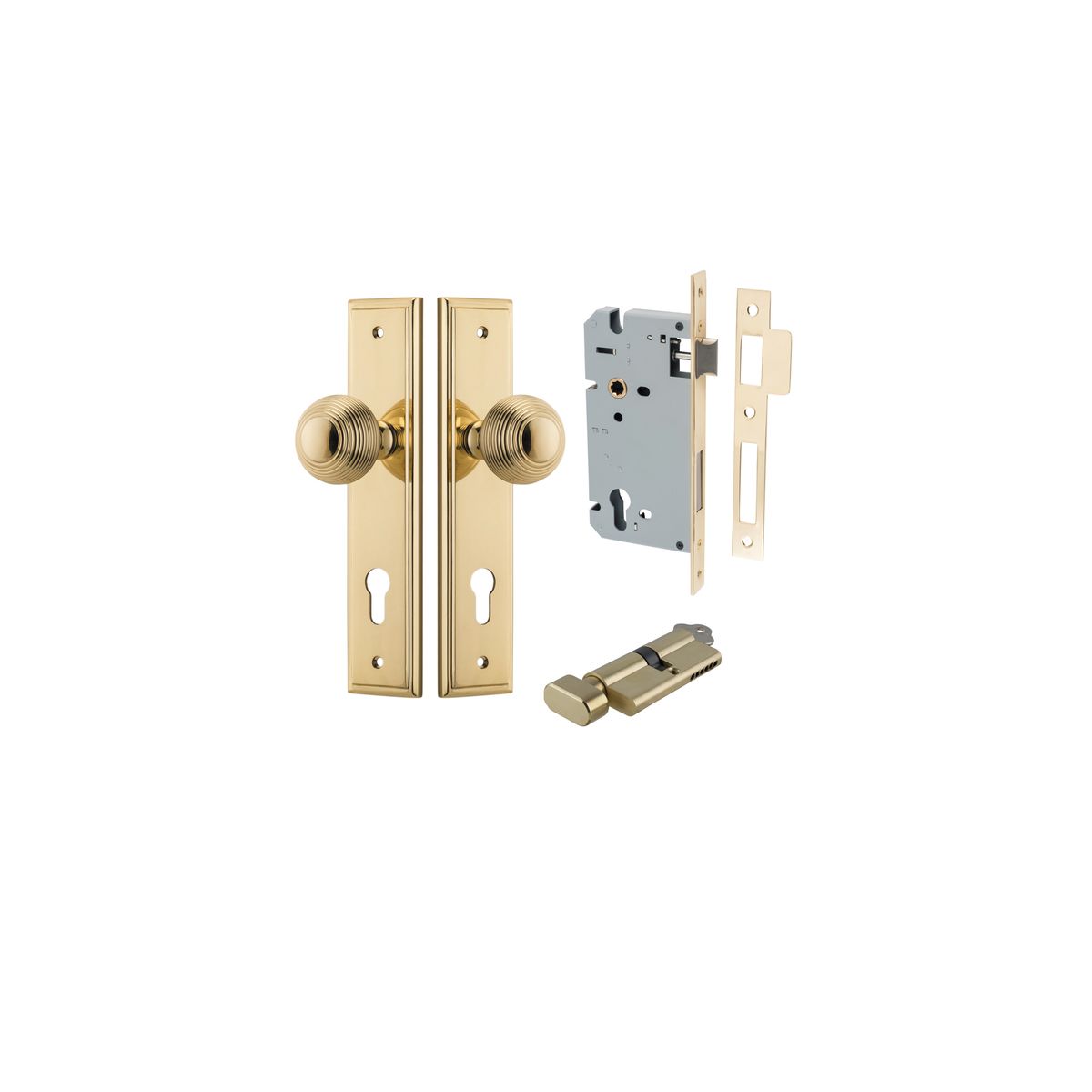 Iver Guildford Door Knob Stepped Latch Pair, Passage Kit, Privacy Kit , Entrance Kit with High Security Lock - Polished Brass