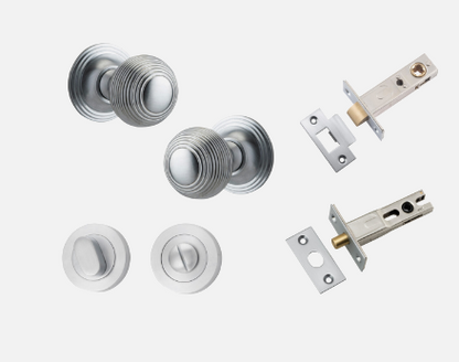 Iver Guildford Door Knob 0225 Round Rose Brushed Chrome - Passage kit ,Privacy kit & Entrance Kit (Dual Function 5 pin and Key Thumb 6 Pin)