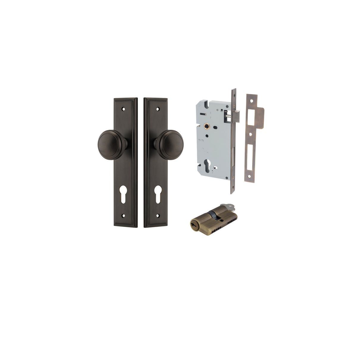 Iver Paddington  Door Knob Stepped Latch Pair, Passage Kit, Privacy Kit , Entrance Kit with High Security Lock - Signature Brass