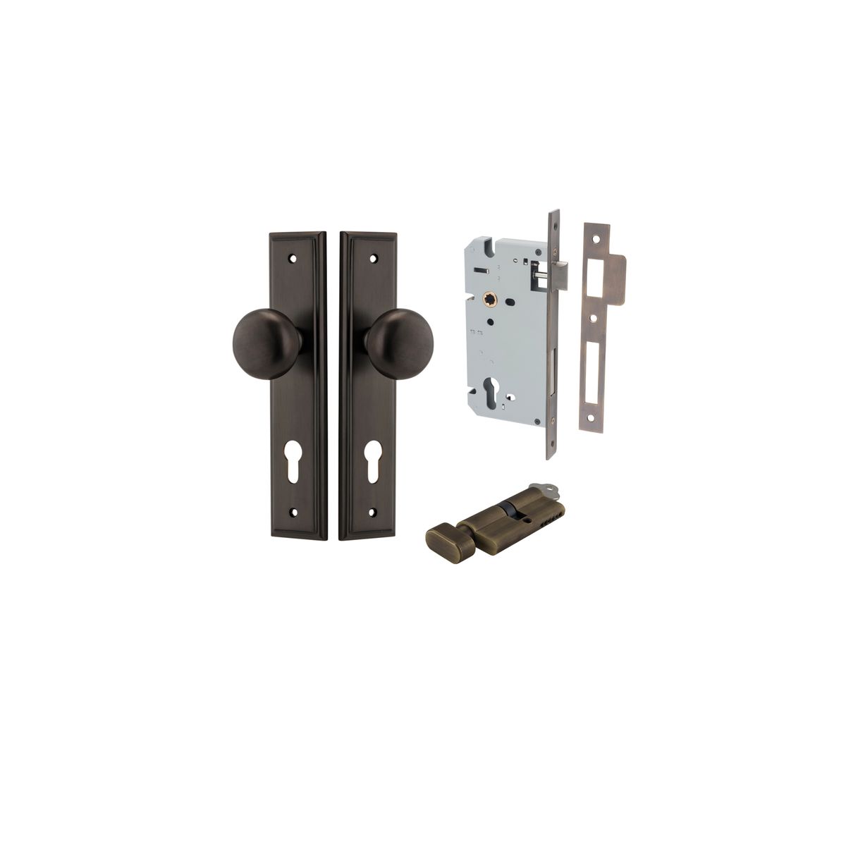 Iver Cambridge Door Knob Stepped Latch Pair, Passage Kit, Privacy Kit , Entrance Kit with High Security Lock -Signature Brass