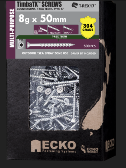 Ecko Timba TX Screw 304Stainless Steel  T-REX17-8G-40,45,50,65mm Pack of 500