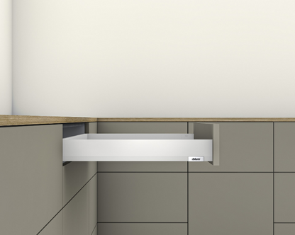 Blum Merivobox Kitset M Height 108mm - 40kg & 70kg  Length Available in 6 sizes : 270mm ,350mm ,400mm ,450mm ,500mm & 550mm - Available in silk white and orion grey