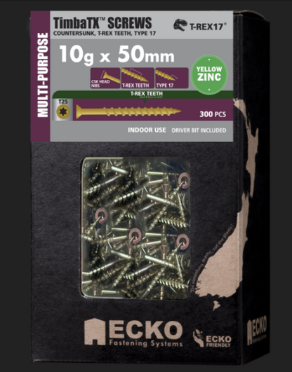 Ecko Timba TX Screw Yellow Zinc T-REX17 10G-50,65,75,90,100mm Pack 300
