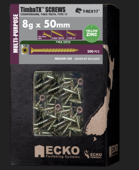 Ecko Timba TX Screw Yellow Zinc T-REX17 8G-40,45,50,65mm Pack of 500