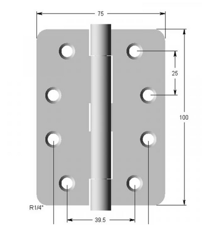 Lohala Hinge Stainless Steel 304 ,100mm x 75mm x 2.5mm Satin & 100mm x 75mm x 2.5mm 1/4" Radius Loose Button Pin Satin & Black Electrocoat