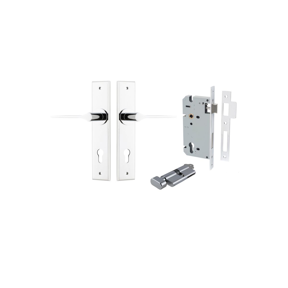 Iver Como  Door Lever Chamfered Latch Pair, Passage Kit, Privacy Kit , Entrance Kit with High Security Lock -Polished Chrome