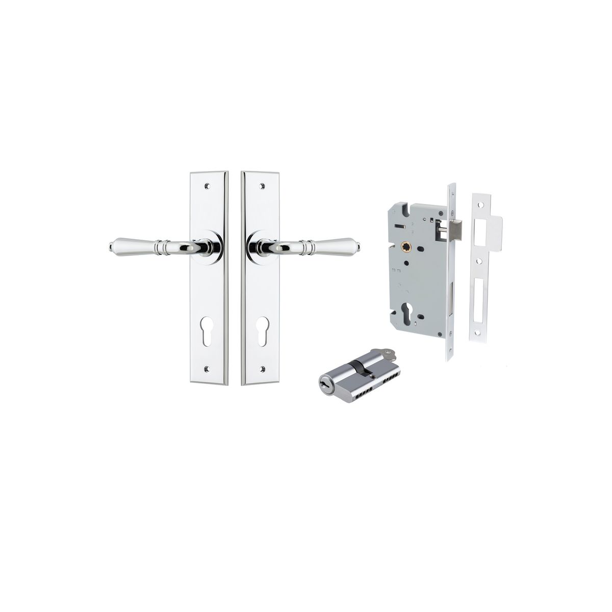 Iver Sarlat  Door Lever Chamfered Latch Pair, Passage Kit, Privacy Kit , Entrance Kit with High Security Lock -Polished Chrome