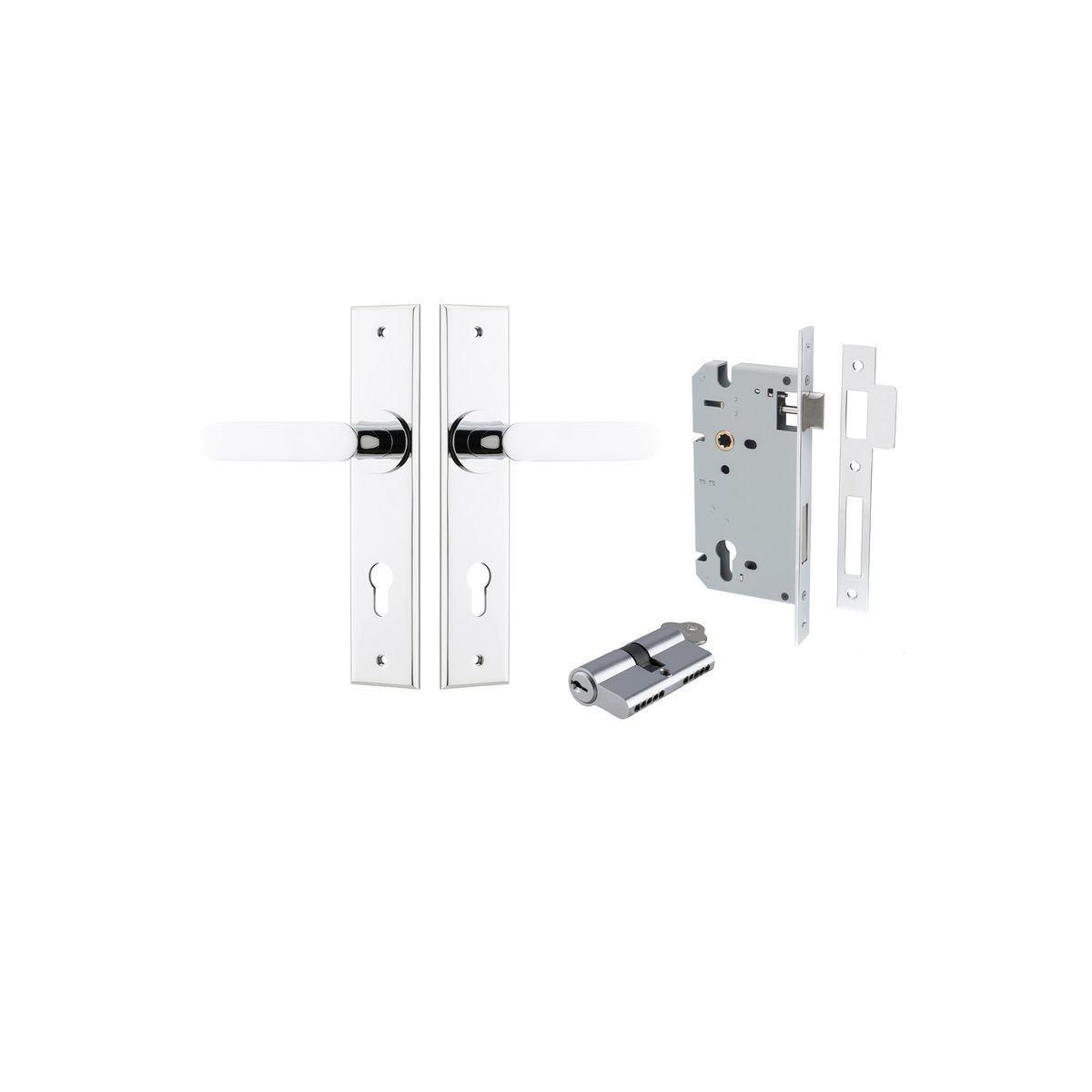 Iver Bronte Door Lever Chamfered Latch Pair, Passage Kit, Privacy Kit , Entrance Kit with High Security Lock - Polished Chrome