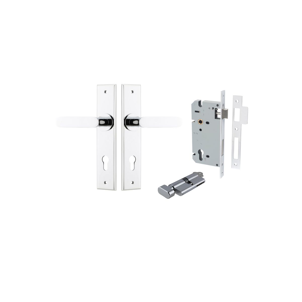 Iver Bronte Door Lever Chamfered Latch Pair, Passage Kit, Privacy Kit , Entrance Kit with High Security Lock - Polished Chrome