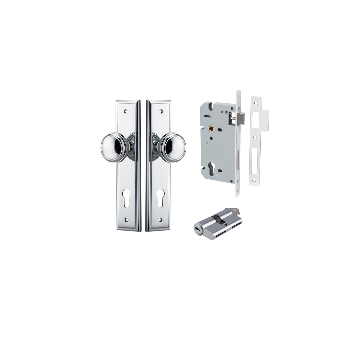 Iver Paddington  Door Knob Stepped Latch Pair, Passage Kit, Privacy Kit , Entrance Kit with High Security Lock - Polished Chrome