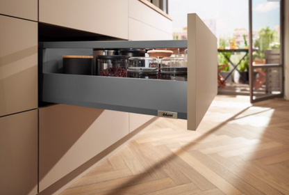 Blum Merivobox Kitset Pull-out - Single Gallery E Height 209mm (M + gallery) - 40kg & 70kg  Length Available in 6 sizes : 270mm ,350mm ,400mm ,450mm ,500mm & 550mm - Orion Grey