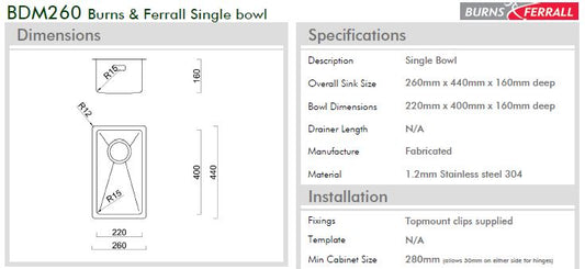 BURNS & FERALL BDM260 SINGLE FABRICATED BOWL 220x400x160mm