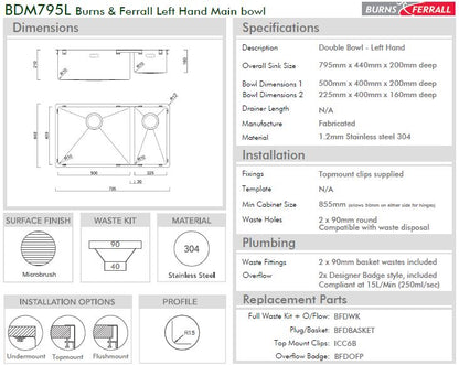 BURNS & FERALL BDM795 Left & Right Double Fabricated Bowl (500+225) x 400x200mm 1.2mm Stainless Steel
