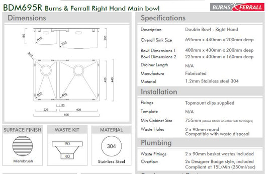 BURNS & FERALL BDM695 Left & Right Double Fabricated Bowl (400+225) x 400 x 200mm 1.2mm Stainless Steel