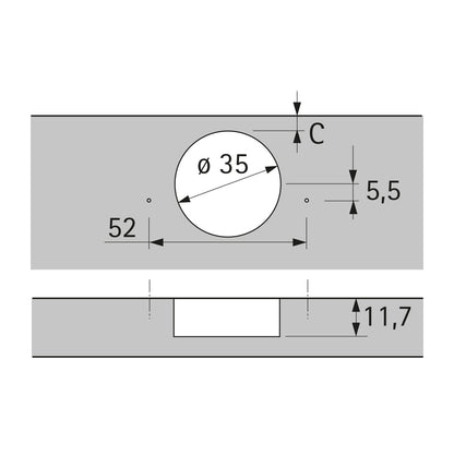 Sensys Wide Angle Hinge, with zero protrusion (Sensys 8657), overlay, Opening angle 165°, TH-drilling pattern 52 x 5.5 mm, for screwing on