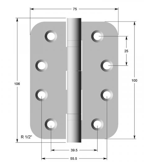 Lohala Hinge Stainless Steel 304 ,2BB 100mm x 75mm x 2.5mm - 1/2" Radius & 1/4" Radius - Fixed Button Pin Satin Finish