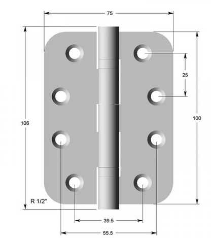 Lohala Hinge Stainless Steel 304 ,2BB 100mm x 75mm x 2.5mm - 1/2" Radius & 1/4" Radius - Fixed Button Pin Satin Finish