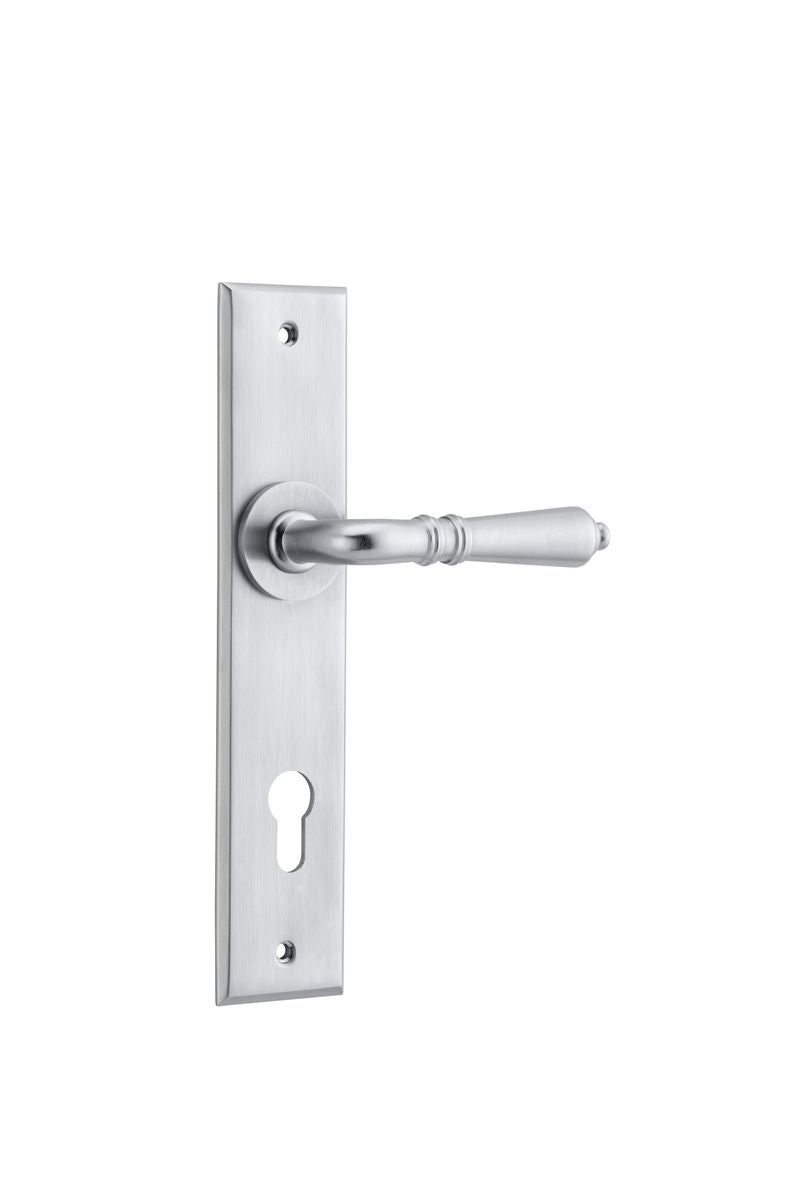 Iver Sarlat  Door Lever Chamfered Latch Pair, Passage Kit, Privacy Kit , Entrance Kit with High Security Lock -Brushed Chrome