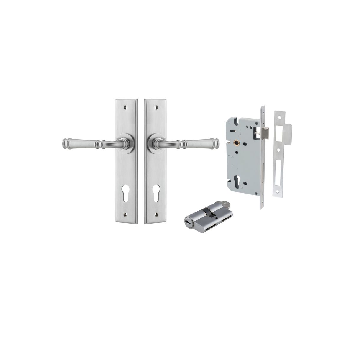 Iver Verona Door Lever Chamfered Latch Pair, Passage Kit, Privacy Kit , Entrance Kit with High Security Lock -Brushed Chrome