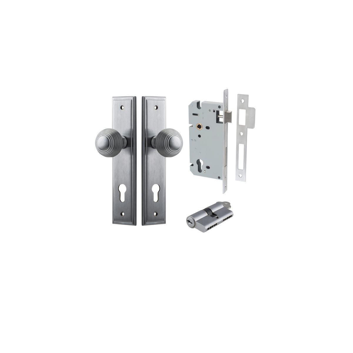 Iver Guildford Door Knob Stepped Latch Pair, Passage Kit, Privacy Kit , Entrance Kit with High Security Lock - Brushed Chrome