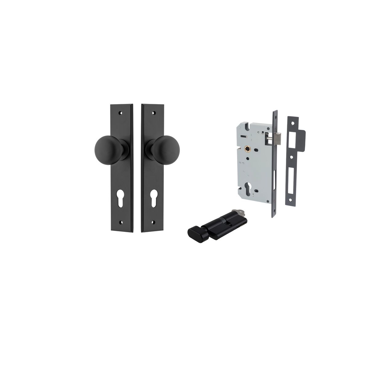 Iver Cambridge Door Knob Chamfered  Latch Pair, Passage Kit, Privacy Kit , Entrance Kit with High Security Lock - Matt Black