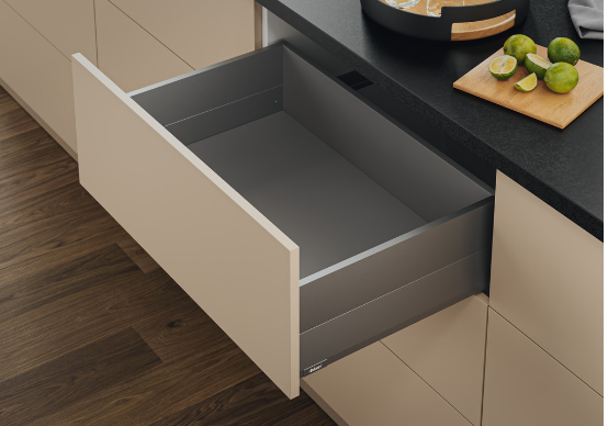 Blum Merivobox Kitset Pull-out - Boxcap  E Height 209mm ( M + BOXCAP E ) - 40kg & 70kg  Length Available in 6 sizes : 270mm ,350mm ,400mm ,450mm ,500mm & 550mm - Orion Grey