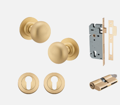 Iver Cambridge Door Knob 0252 Round Rose Brushed Brass - Passage kit ,privacy kit & Entrance Kit (Dual Function 5 pin and Key Thumb 6 Pin)