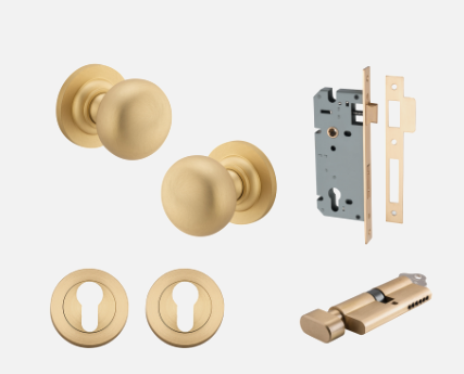 Iver Cambridge Door Knob 0252 Round Rose Brushed Brass - Passage kit ,privacy kit & Entrance Kit (Dual Function 5 pin and Key Thumb 6 Pin)