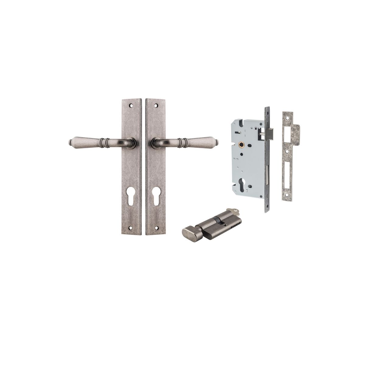Iver Sarlat  Door Lever Rectangular Latch Pair, Passage Kit, Privacy Kit , Entrance Kit with High Security Lock - Distressed Nickel