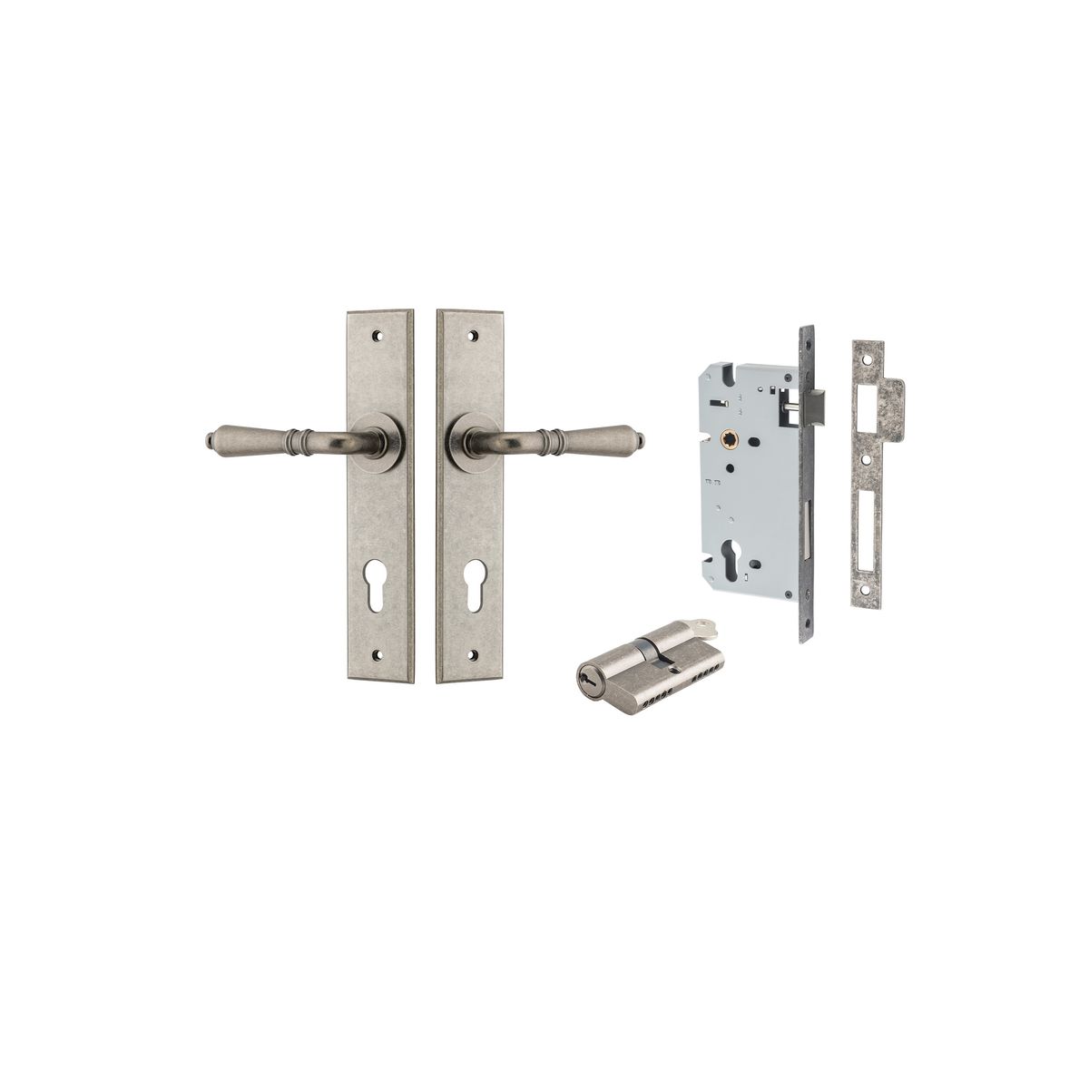 Iver Sarlat  Door Lever Chamfered Latch Pair, Passage Kit, Privacy Kit , Entrance Kit with High Security Lock - Distressed Nickel