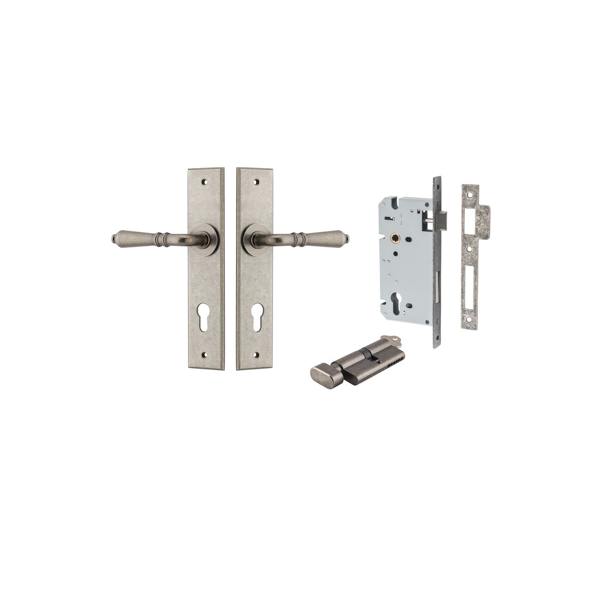 Iver Sarlat  Door Lever Chamfered Latch Pair, Passage Kit, Privacy Kit , Entrance Kit with High Security Lock - Distressed Nickel