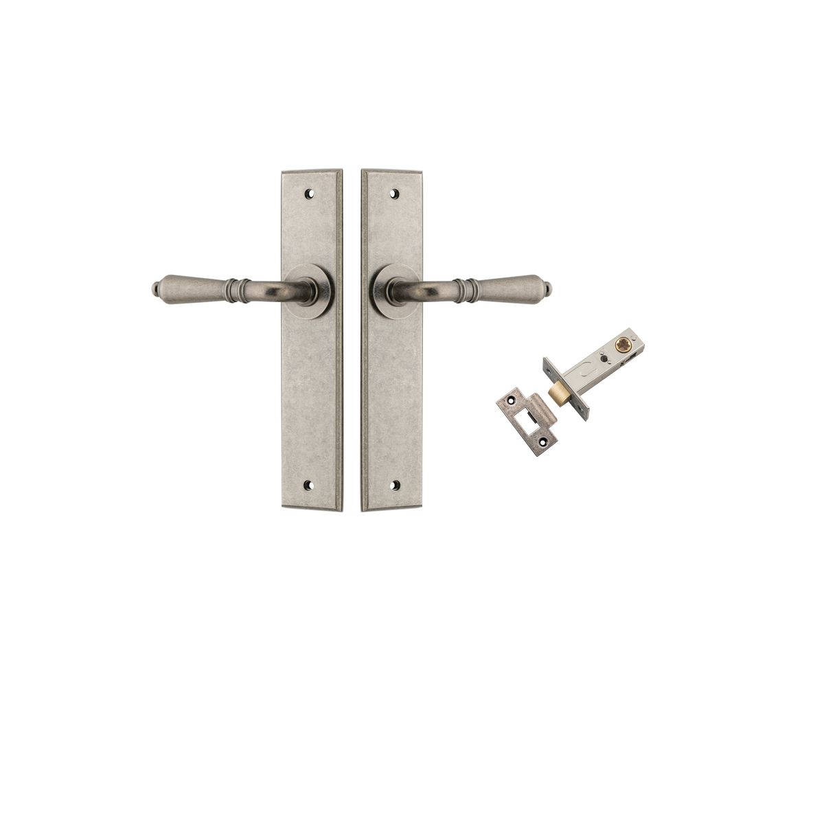 Iver Sarlat  Door Lever Chamfered Latch Pair, Passage Kit, Privacy Kit , Entrance Kit with High Security Lock - Distressed Nickel