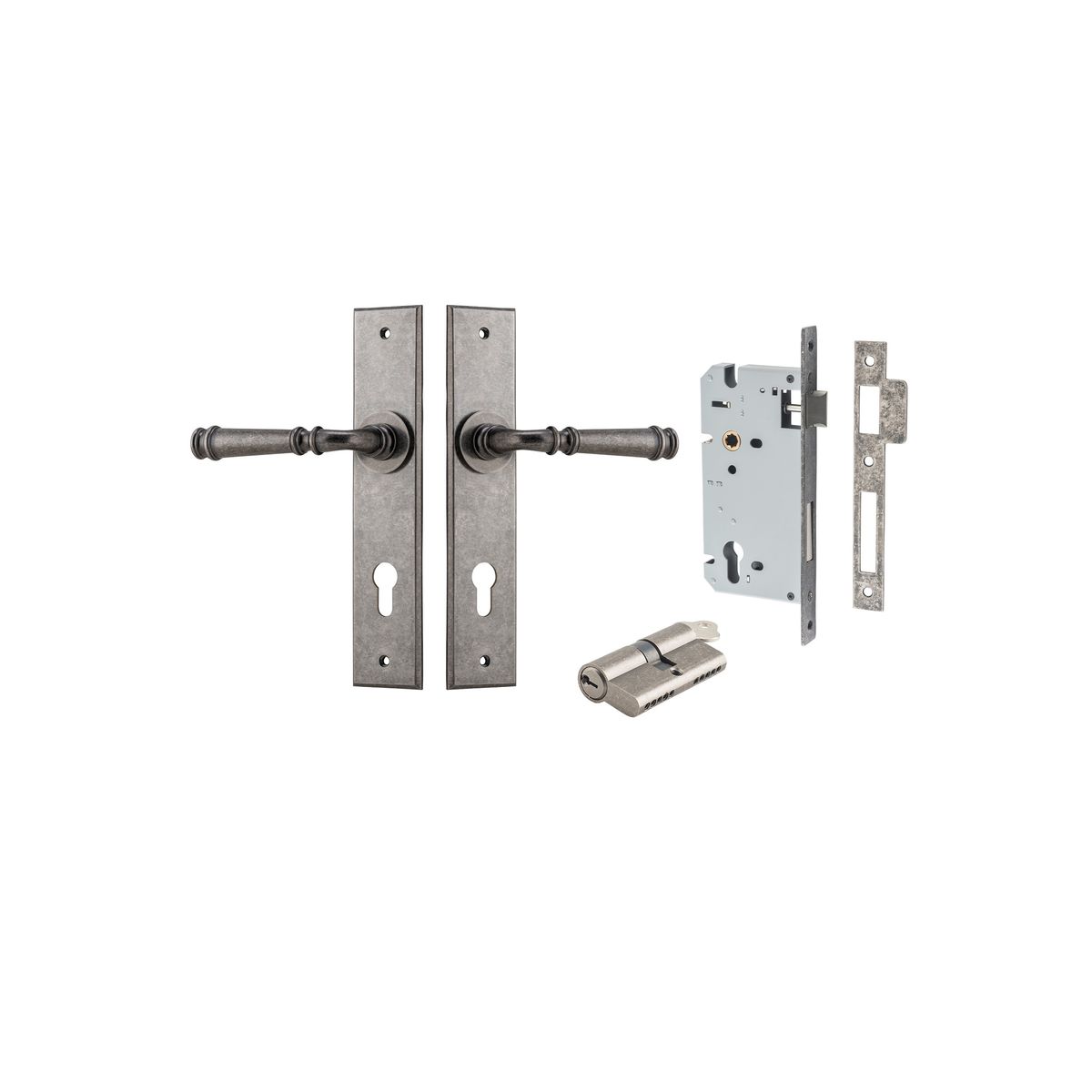 Iver Verona Door Lever Chamfered Latch Pair, Passage Kit, Privacy Kit , Entrance Kit with High Security Lock- Distressed Nickel