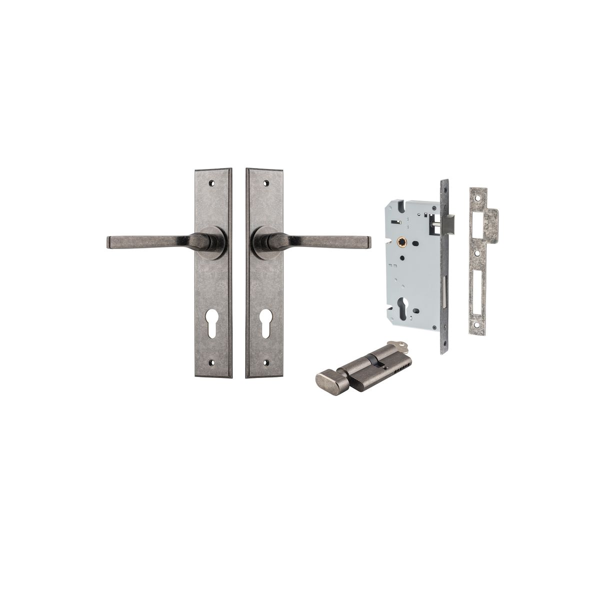 Iver Annecy Door Lever Chamfered Latch Pair, Passage Kit, Privacy Kit , Entrance Kit with High Security Lock -Distressed Nickel