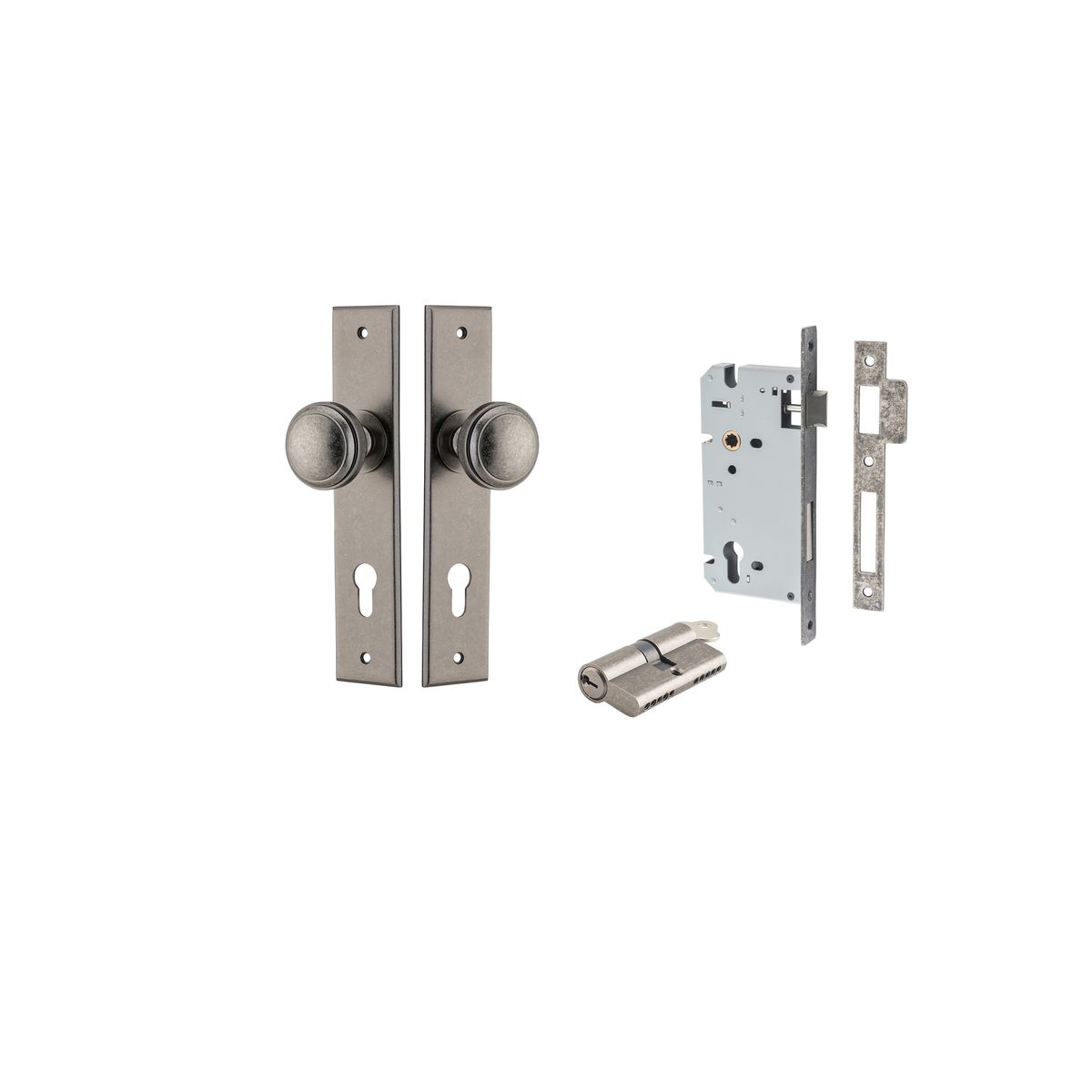 Iver Paddington  Door Knob Chamfered Latch Pair, Passage Kit, Privacy Kit , Entrance Kit with High Security Lock - Distressed Nickel