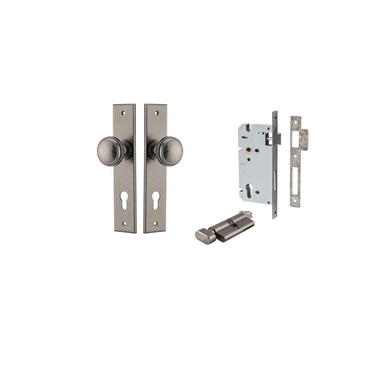 Iver Paddington  Door Knob Chamfered Latch Pair, Passage Kit, Privacy Kit , Entrance Kit with High Security Lock - Distressed Nickel