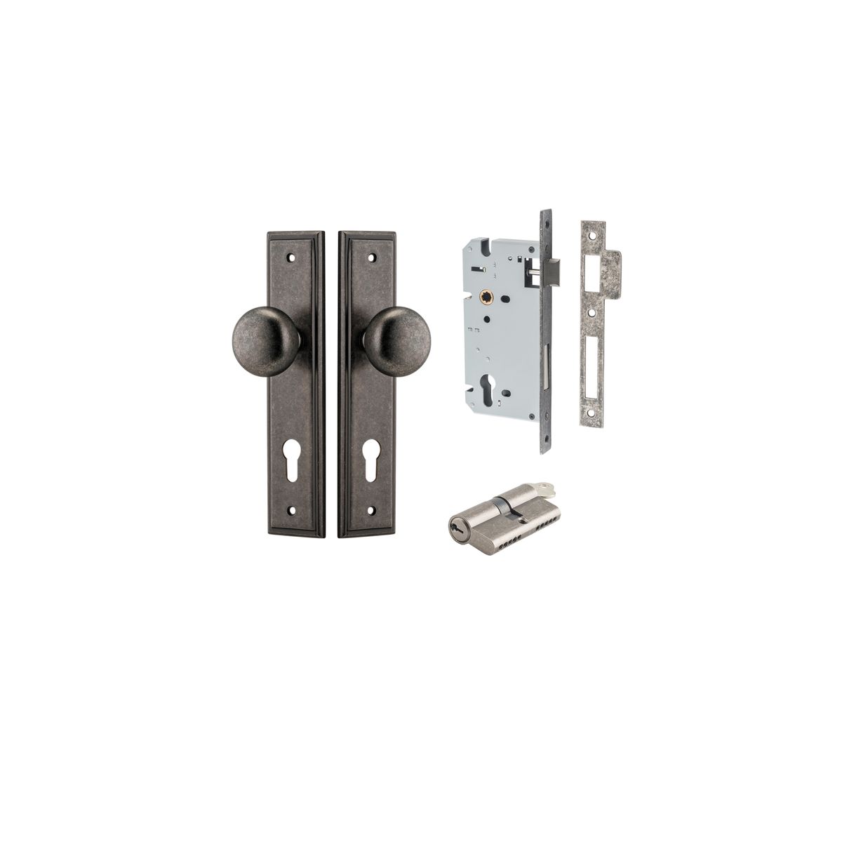 Iver Cambridge Door Knob Stepped Latch Pair, Passage Kit, Privacy Kit , Entrance Kit with High Security Lock -Distressed Nickel
