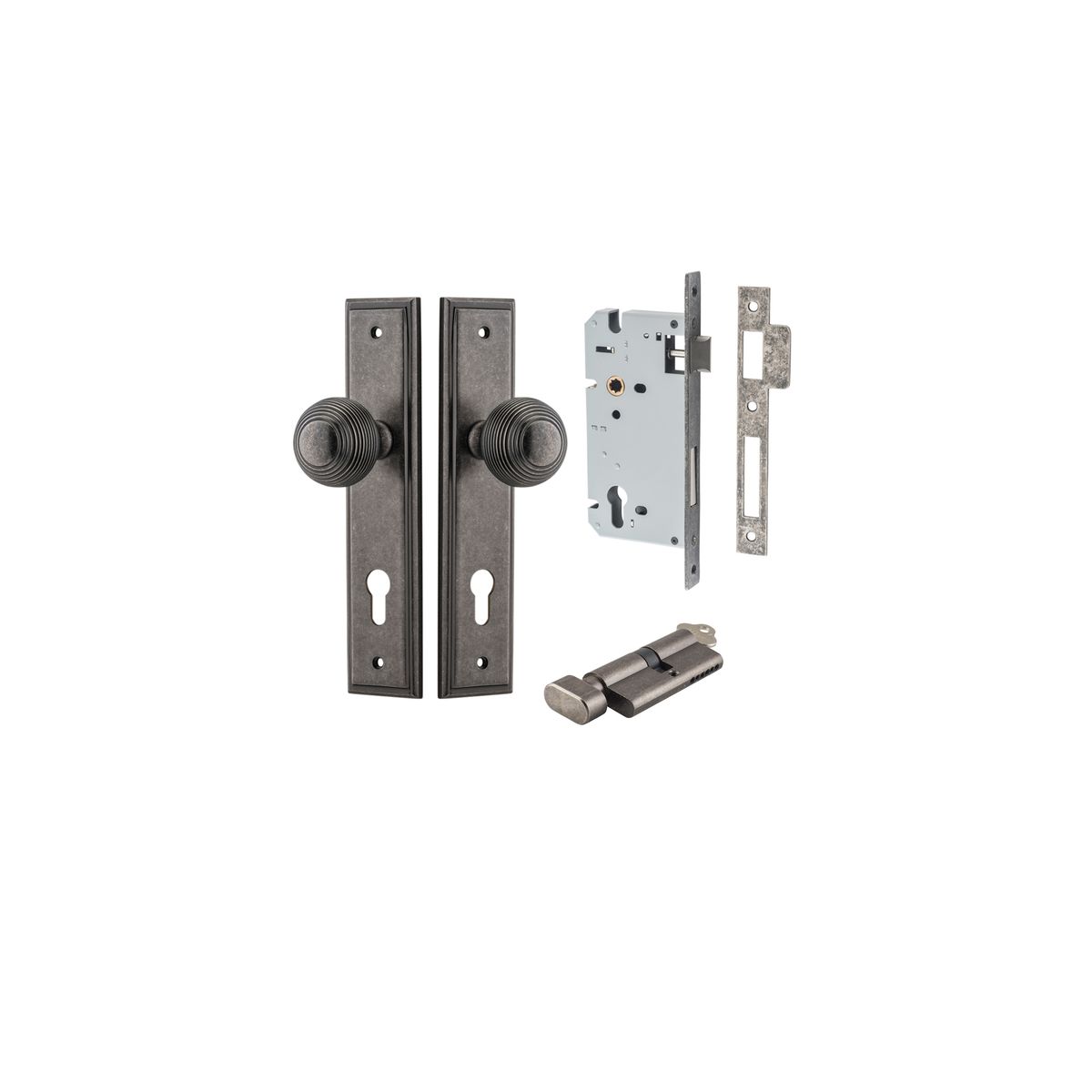Iver Guildford Door Knob Stepped Latch Pair, Passage Kit, Privacy Kit , Entrance Kit with High Security Lock - Distressed Nickel