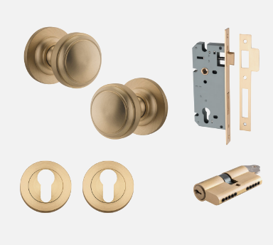 Iver Paddington Door Knob 0253 Round Rose Brushed Brass - Passage kit , privacy kit & Entrance Kit (Dual Function 5 pin and Key Thumb 6 Pin)