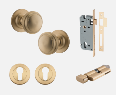 Iver Paddington Door Knob 0253 Round Rose Brushed Brass - Passage kit , privacy kit & Entrance Kit (Dual Function 5 pin and Key Thumb 6 Pin)