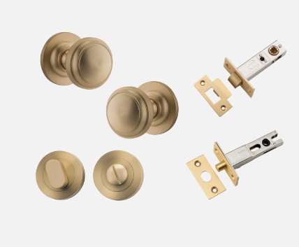 Iver Paddington Door Knob 0253 Round Rose Brushed Brass - Passage kit , privacy kit & Entrance Kit (Dual Function 5 pin and Key Thumb 6 Pin)
