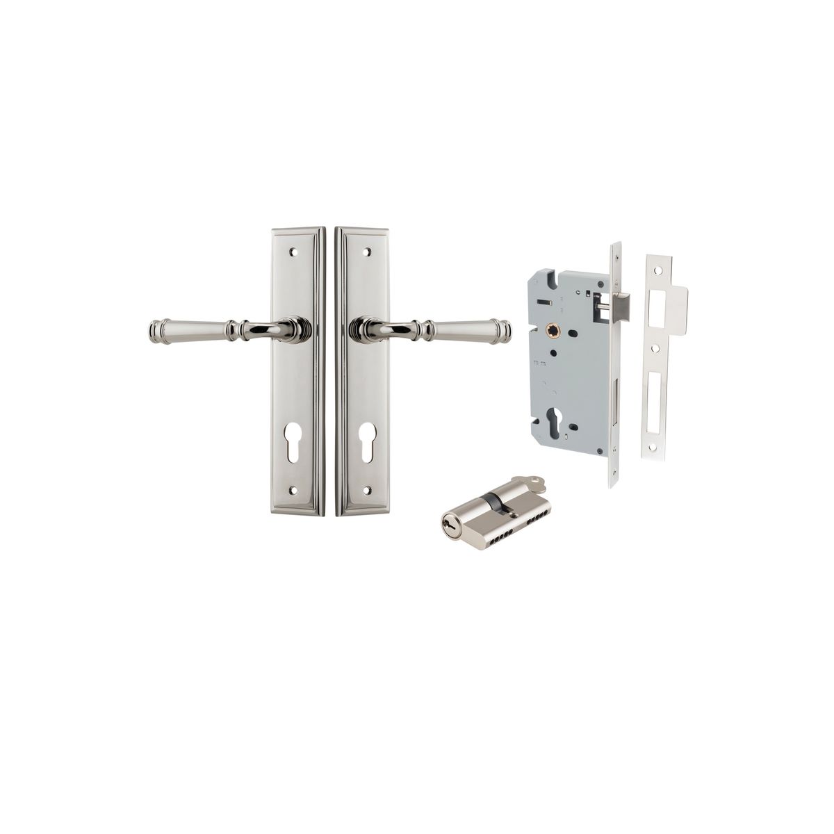 Iver Verona Door Lever Stepped Latch Pair, Passage Kit, Privacy Kit , Entrance Kit with High Security Lock -Polished Nickel