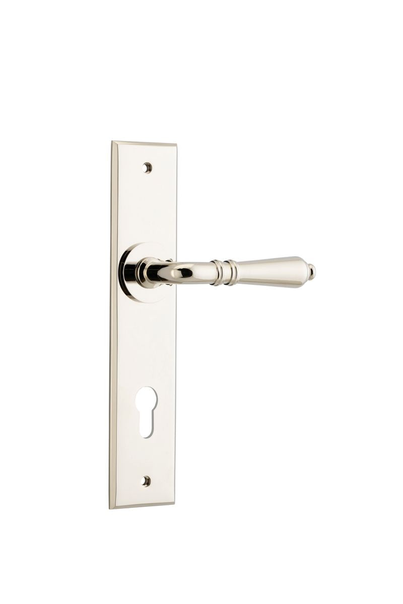 Iver Sarlat  Door Lever Chamfered Latch Pair, Passage Kit, Privacy Kit , Entrance Kit with High Security Lock -Polished Nickel