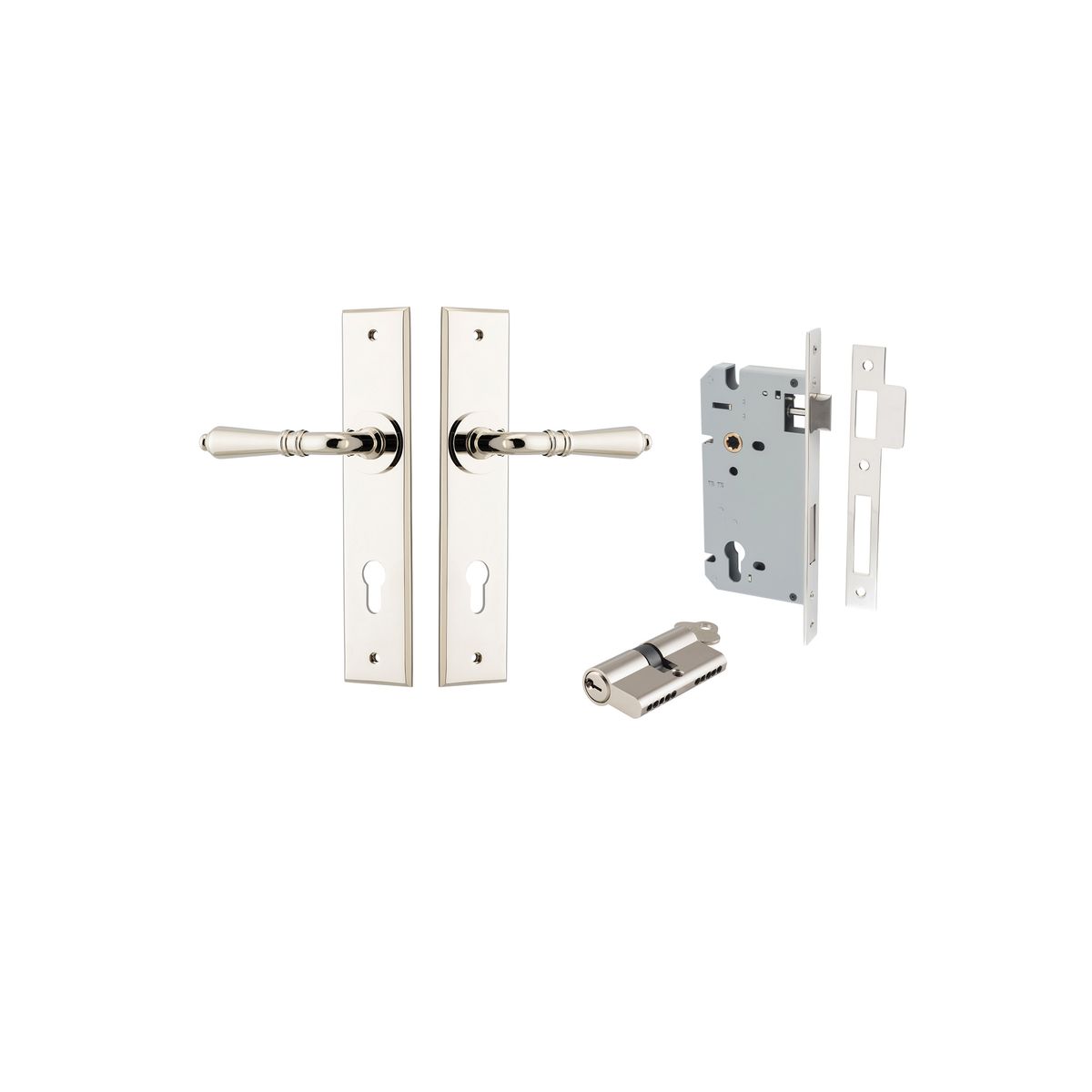 Iver Sarlat  Door Lever Chamfered Latch Pair, Passage Kit, Privacy Kit , Entrance Kit with High Security Lock -Polished Nickel