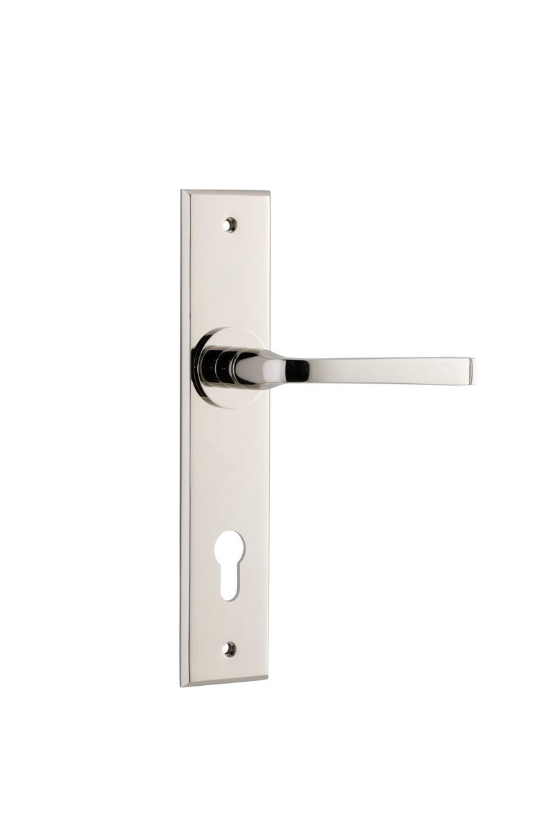 Iver Annecy Door Lever Chamfered Latch Pair, Passage Kit, Privacy Kit , Entrance Kit with High Security Lock -Polished Nickel