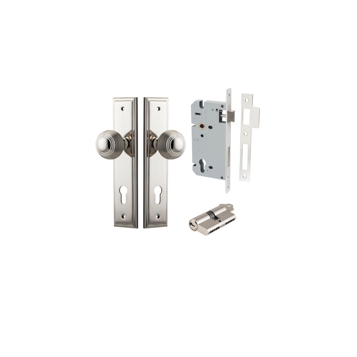 Iver Guildford Door Knob Stepped Latch Pair, Passage Kit, Privacy Kit , Entrance Kit with High Security Lock - Polished Nickel