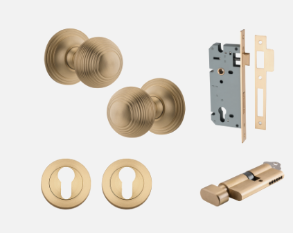 Iver Guildford Door Knob 0254 Round Rose  Brushed Brass - Passage kit ,Privacy kit & Entrance Kit (Dual Function 5 pin and Key Thumb 6 Pin)