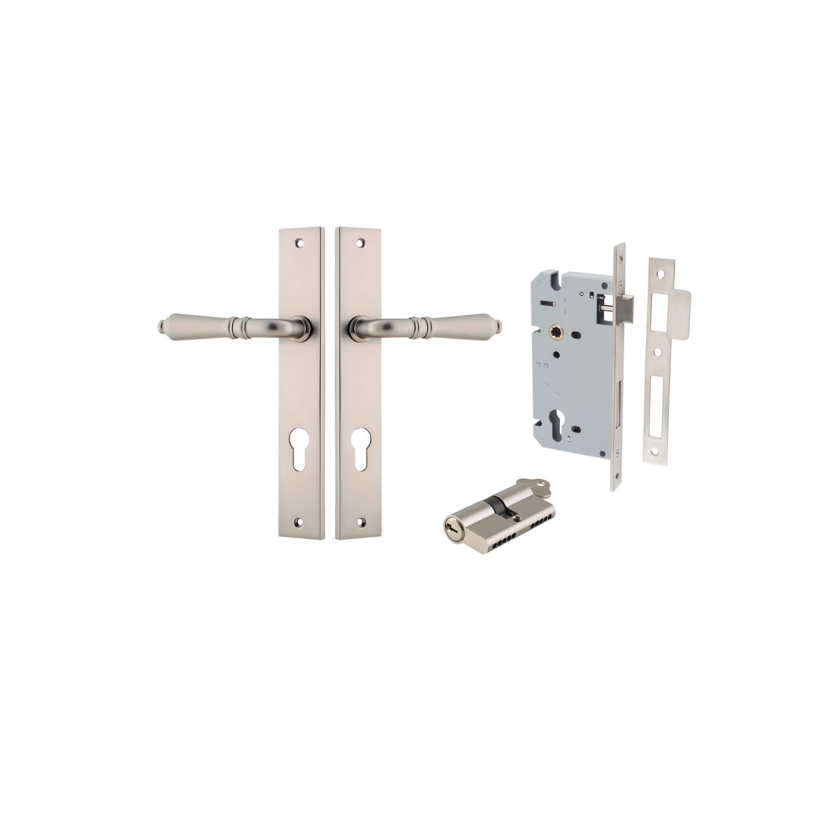 Iver Sarlat  Door Lever Rectangular Latch Pair, Passage Kit, Privacy Kit , Entrance Kit with High Security Lock - Satin Nickel