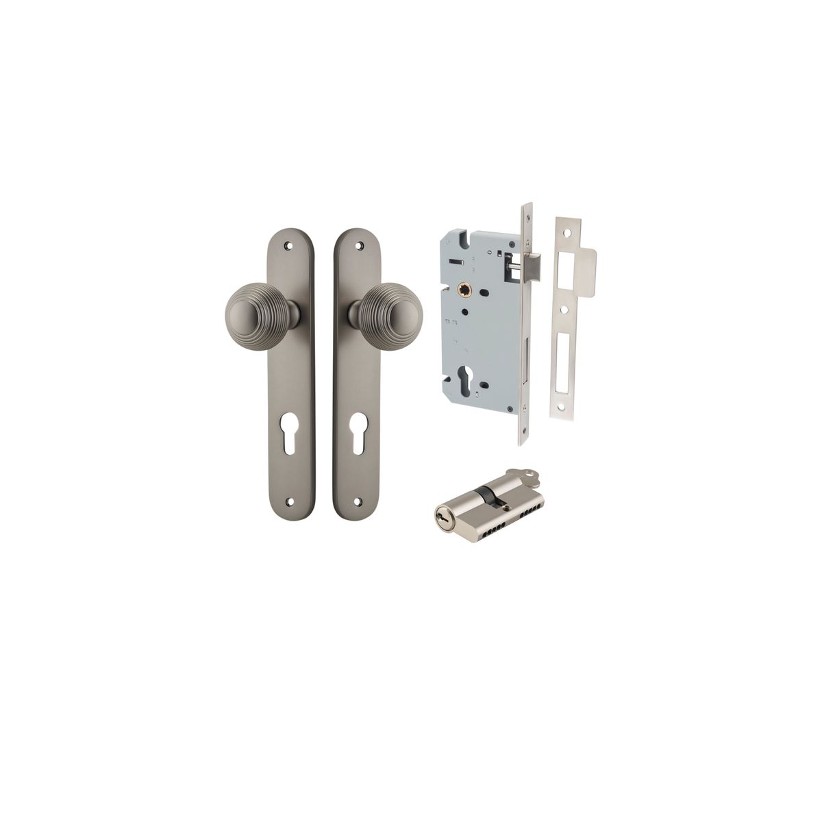 Iver Guildford Door Knob Oval Latch Pair, Passage Kit, Privacy Kit , Entrance Kit with High Security Lock - Satin Nickel