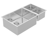 BURNS & FERALL FABRICATED DOUBLE BOWL SINK INCL CLIPS, WASTE & OVERFLOW WIDTH : 570MM ,630MM & 795MM RIGHT & LEFT SILVER